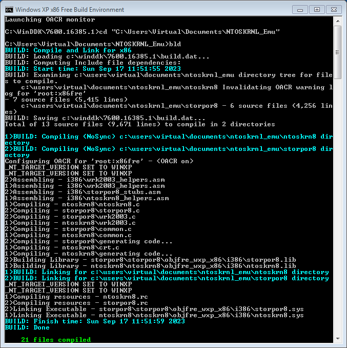 Navigation to the extracted files directory and bld command