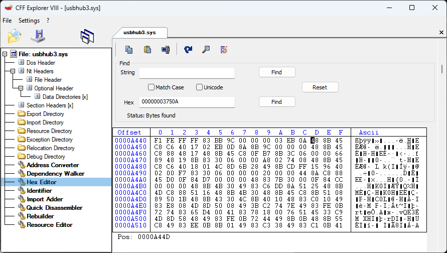 Replace x64 usbhub3.sys hex values